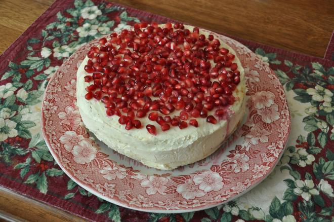 Smaller of the two celebration cakes made with my master chef friend.  The marscapone, lemon and vanilla frosting was borne as the perfect fusion with pommegranite